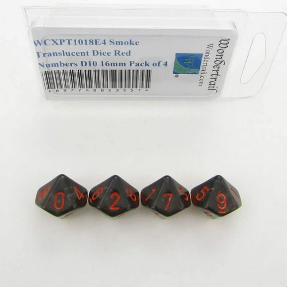 Smoke Translucent Dice with Red Numbers D10 Aprox 16mm (5/8in) Pack of 4 Wondertrail