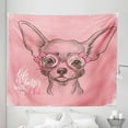 thumbnail image 1 of Dog Tapestry, Girl Chihuahua Sketch Illustration Words Fashion Glasses Ribbons Puppy, Fabric Wall Hanging Decor for Bedroom Living Room Dorm, 5 Sizes, Pale Pink Army Green, by Ambesonne, 1 of 1