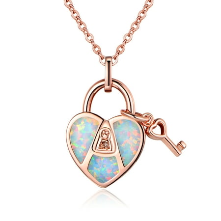 - Rose Gold Plated Diamond Accent & White Fire Opal Heart & Key Pendant Necklace