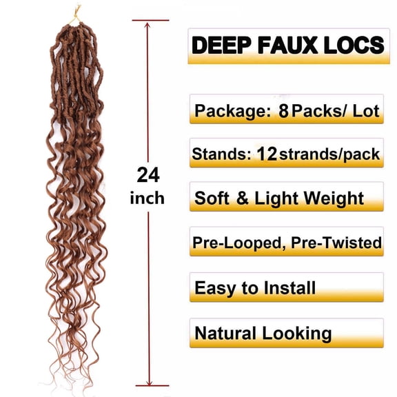 WEIF-8 Packs 24 Inch Soft Locs Crochet Hair Pre Looped Faux Locs Crochet Braids - Deep Wave Natural Butterfly Locs, Goddess Locs, Dreadlocs Synthetic Hair for Black Women (#30, 24 Inch (Pack of 8)