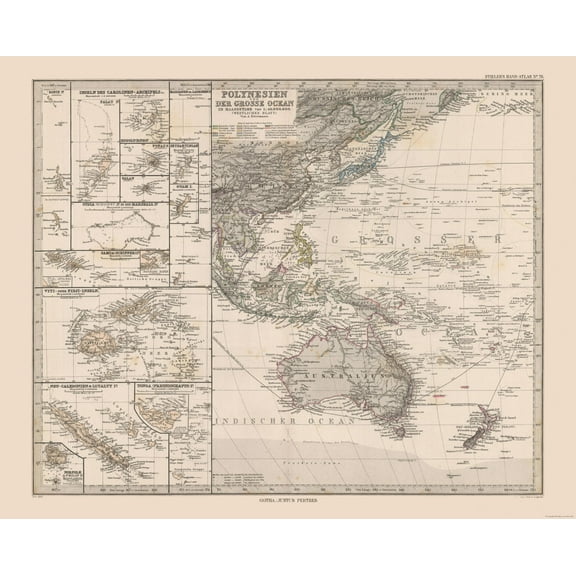 Historic Map - Oceania Polynesia - Stieler 1885 - Vintage Wall Art