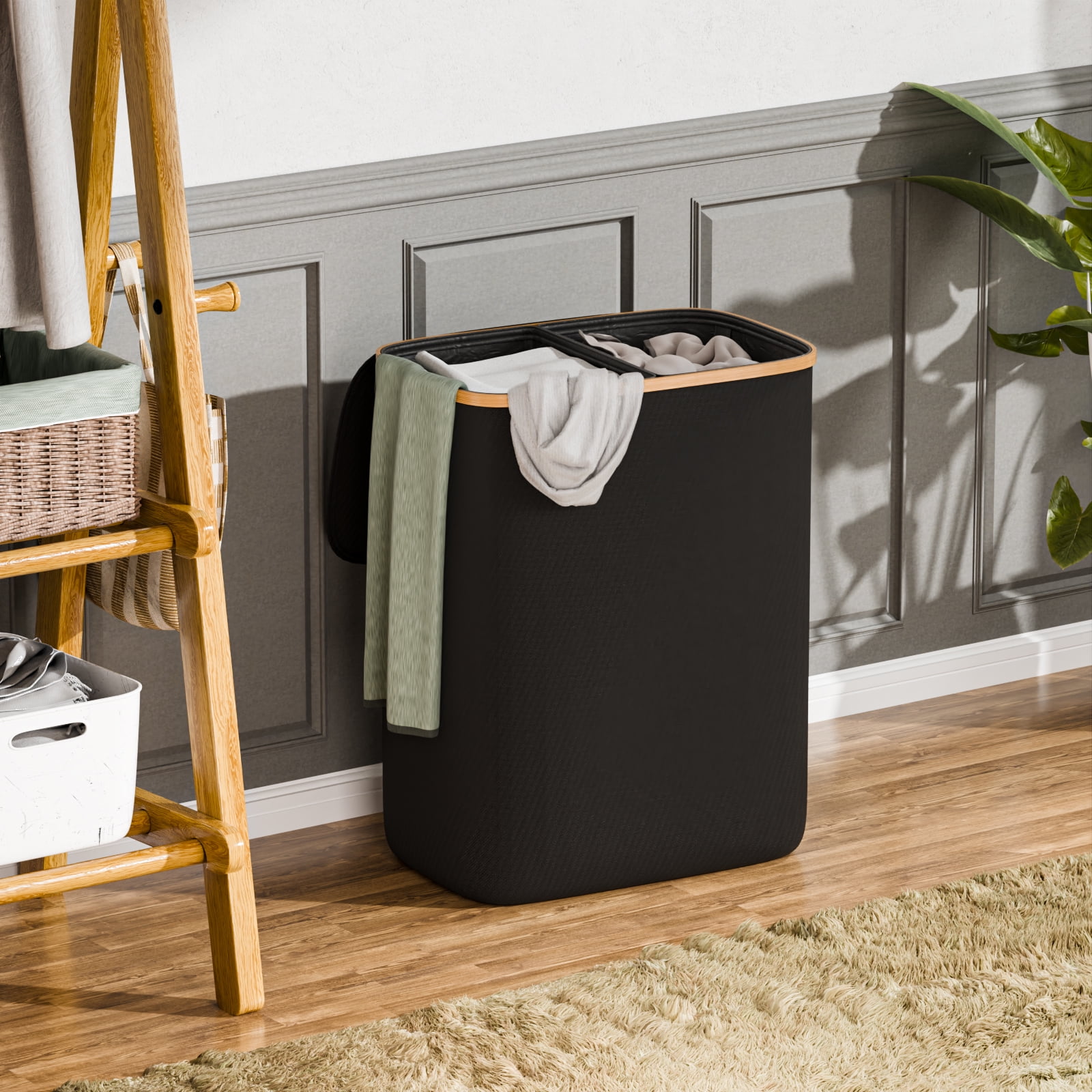 Generic 150L Large Laundry Hamper with Lid and Bamboo Handles, Laundry Basket Clothes Hamper with 2 Removable Bags for Bedroom, Dorm Room and Bathroom Scenarios, Black