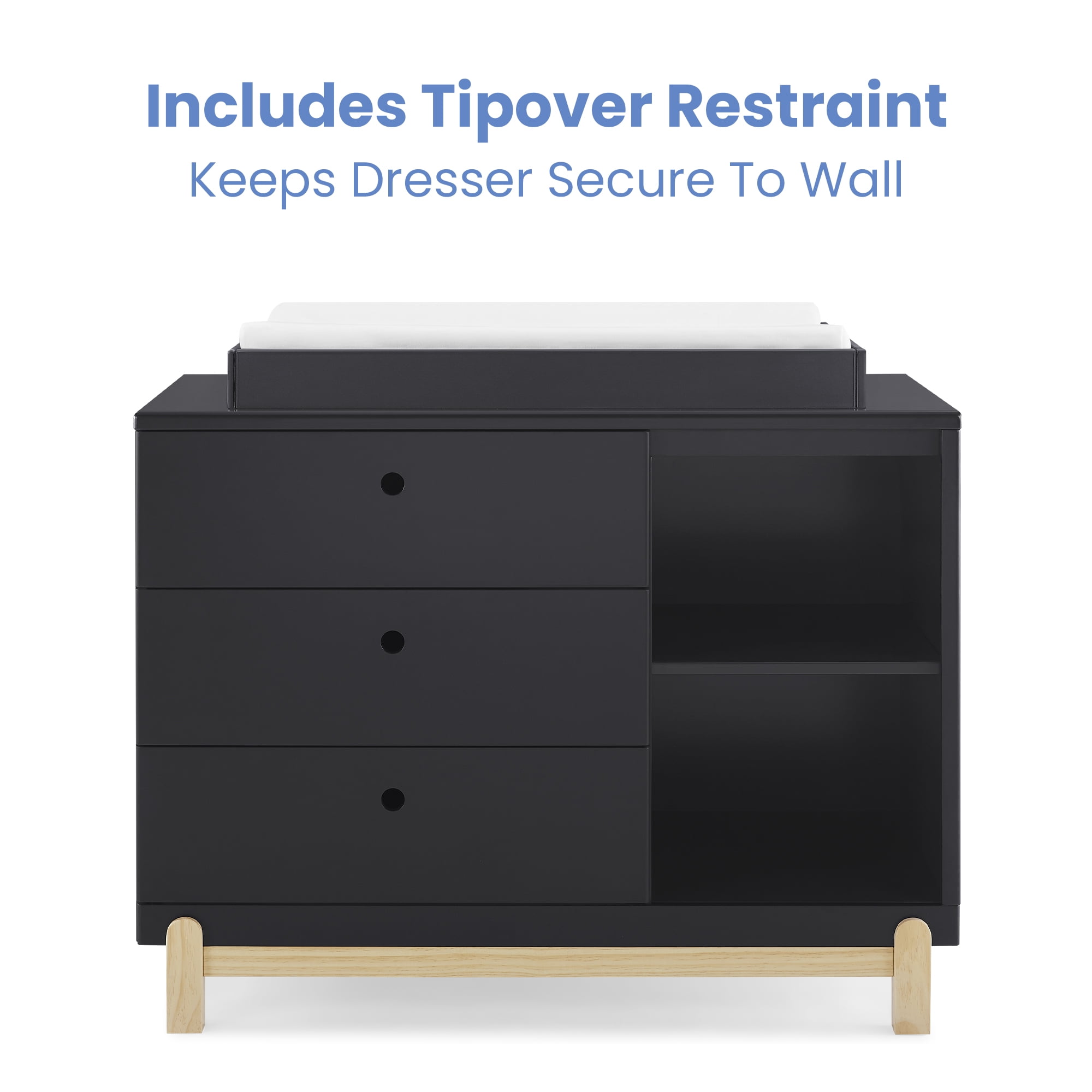 Delta Children Poppy 3 Drawer Dresser with Cubbies and Interlocking Drawers, Midnight Grey/Natural