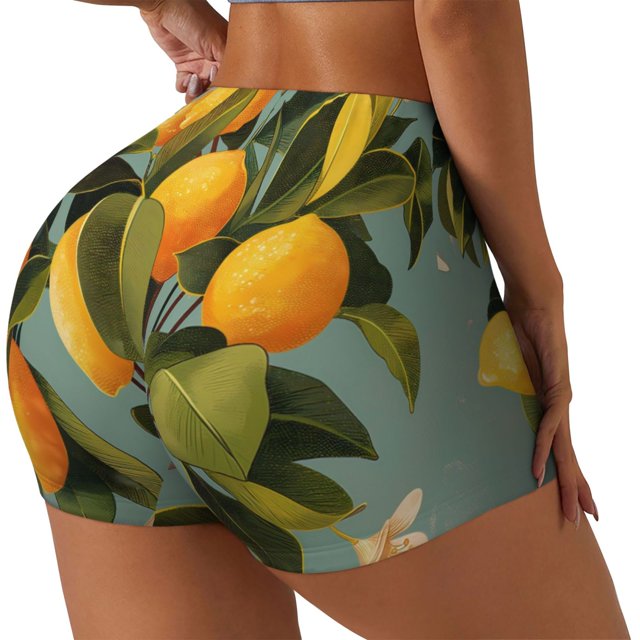 Balery Retro Warm Lemon Flower Pantalones cortos de entrenamiento estampados para mujer, sin costuras, ajustados, para gimnasio, yoga, correr, deportes, ejercicio activo, fitness.-Small