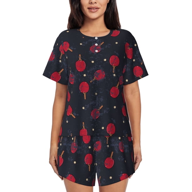 Fotbe Ping Pong Conjunto de Pijama Estampado para Mujer, 2 Piezas, Ropa de Dormir con Camiseta de Manga Corta y Shorts Suaves-Large