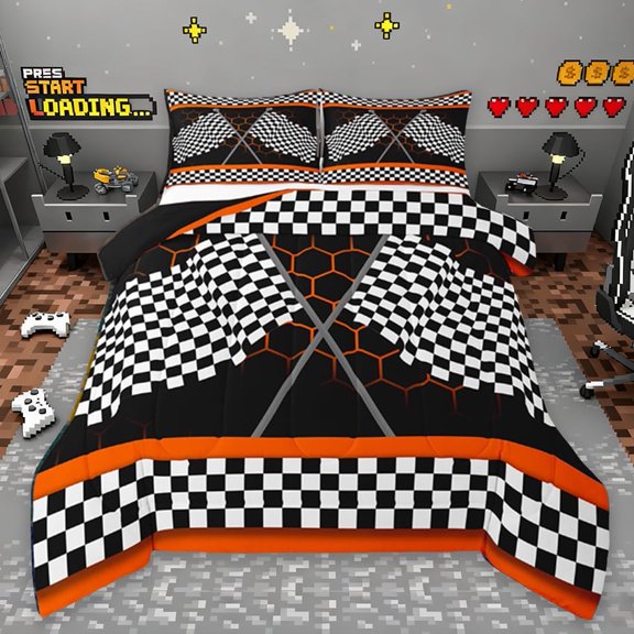 Erosebridal Race Car Flag Bedding Sets Twin With Comforter,Orange Honeycomb Duvet Insert,Outdoor Sports Car For Teenagers Comforter Sets Twin Size, Super Cozy Bedroom Decoration,2Pcs Reversible
