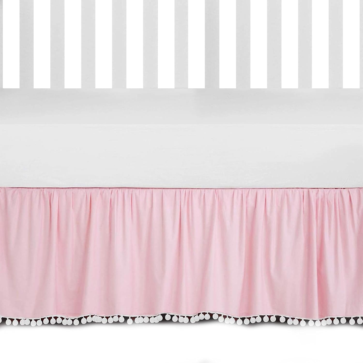 Ruffled Crib Skirt with Pompoms:Crib Bed Skirt with 14" Drop,Mini Crib Bedding Toddler Skirt,Baby Crib Accessories for Baby Boys Girls,28" X 52" (White)