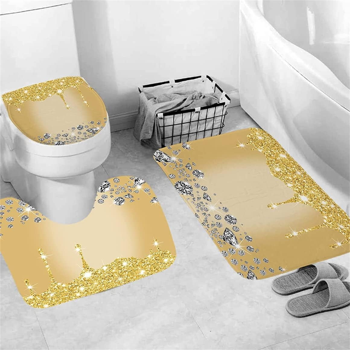 4PCS Bling Diamond Shower Curtain Set with Non-Slip Rugs Toilet Lid Cover and Bath Mat Shower Curtain with 12 Hooks Bathroom Sets with Shower Curtain and Rugs and Accessories