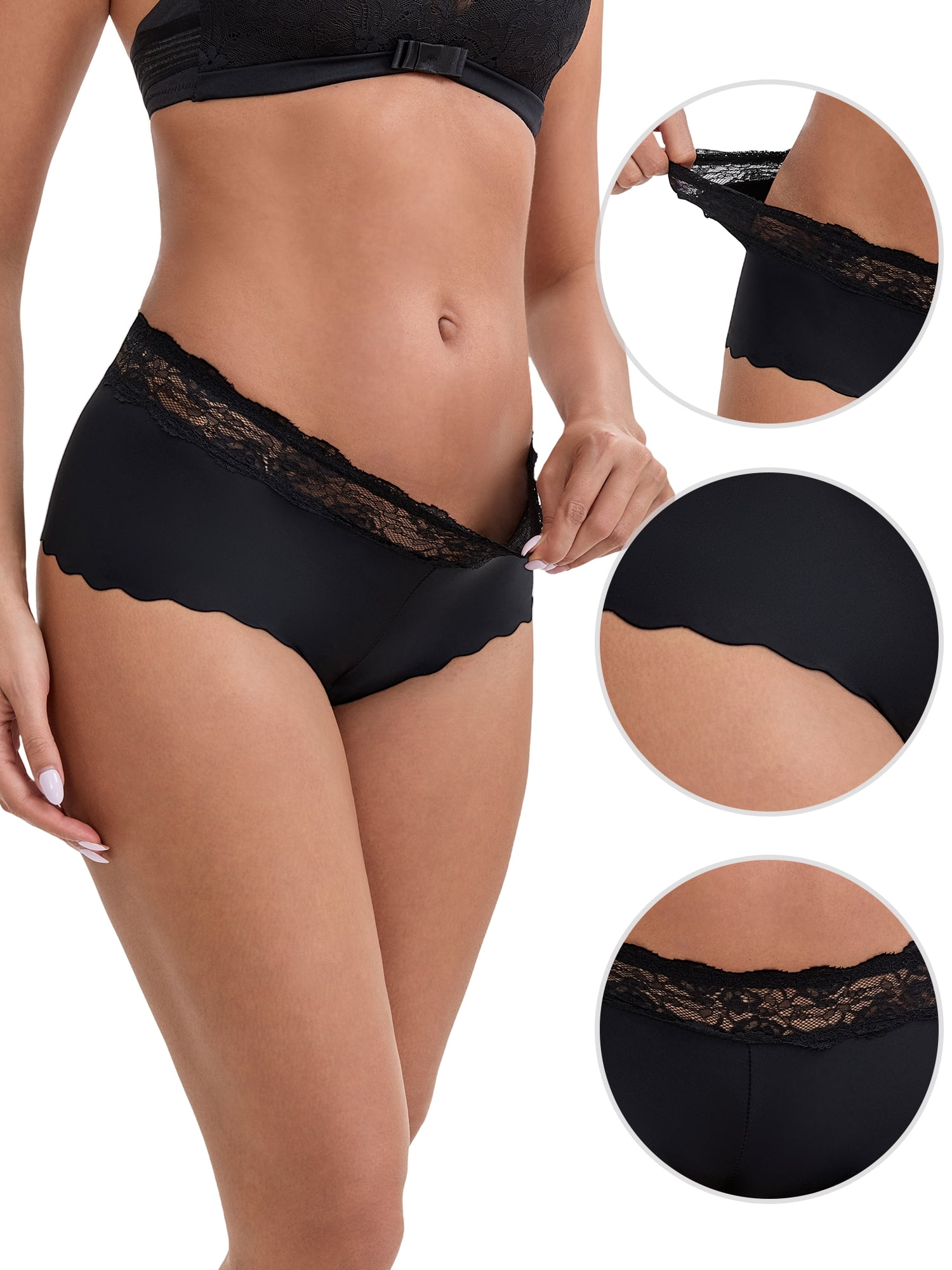 DARING DIVA Women's Lace Trim Mid-Waisted Seamless Butt Lifting Boyshorts M Black