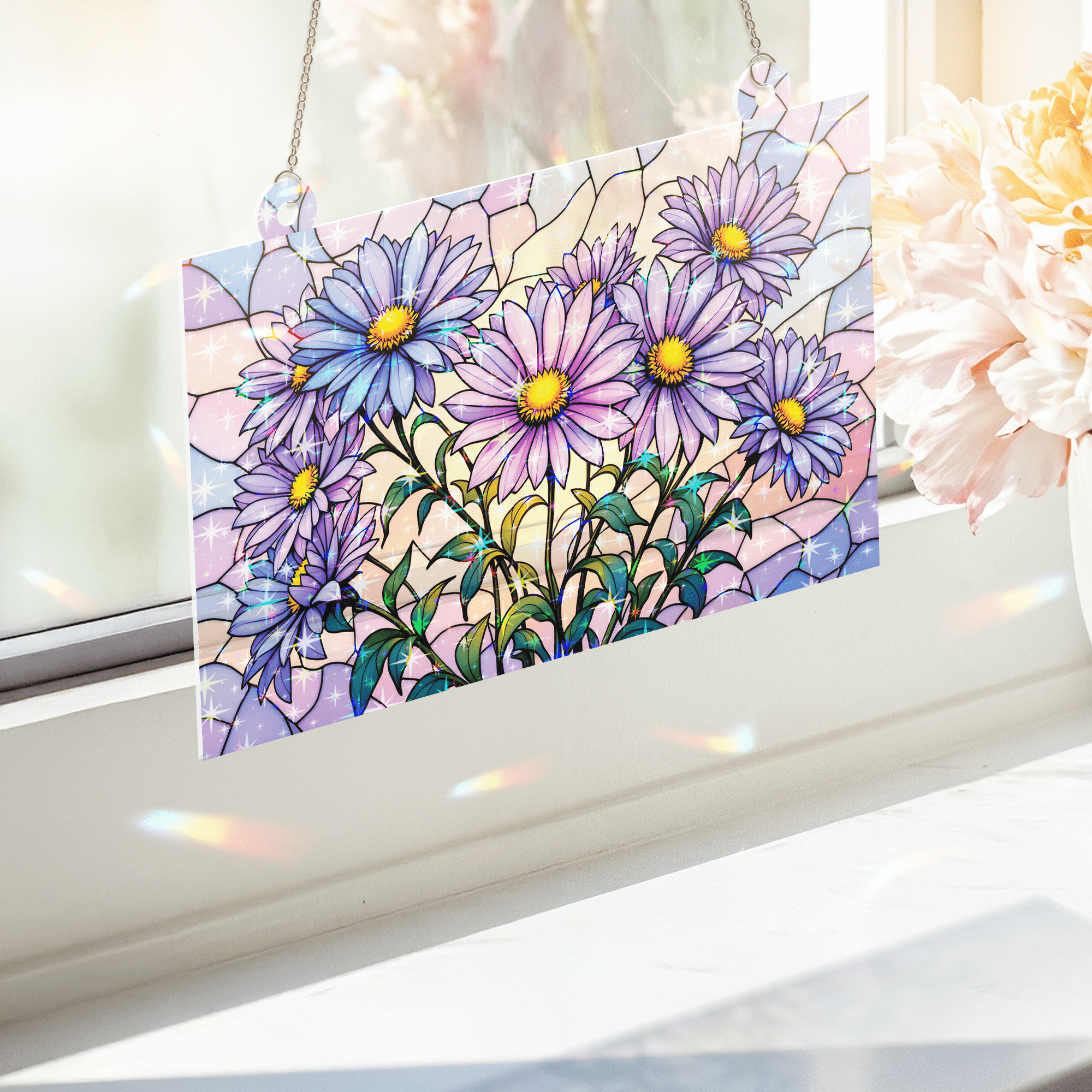 89Bloom Aster Flower Stained Glass Hologram Ornament, Stained Glass Suncatcher Ornaments Home Decor, Holographic Ornaments