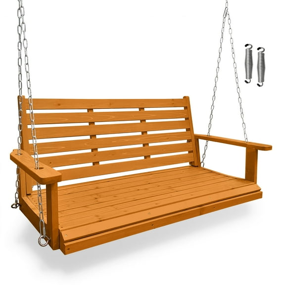 Fortune Candy Wooden Porch Swing 2-Seater with Ergonomic Seat, 4.5 ft. Outdoor Bench Swing, Amber