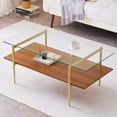 thumbnail image 1 of Rectangle Coffee Table Mid-Century Modern Design L W x H for Living Room - Structure Amber Glass Top and Walnut MDF Shelf Sleek Conical Metal Legs with Gold Finish, 1 of 9