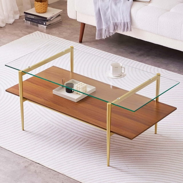 Rectangle Coffee Table Mid-Century Modern Design L W x H for Living Room - Structure Amber Glass Top and Walnut MDF Shelf Sleek Conical Metal Legs with Gold Finish