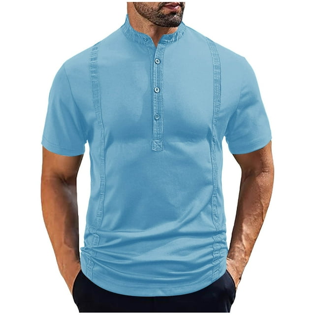 Mens Casual Manga Corta Botón Abajo Camisas de Color Sólido Botón de Pie de Cuello Blusa, 95% Poliéster 5% Spandex, Lavado de Manos Casual