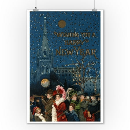 Happy New Year Art - Wishing You a Happy New Year - Crowd Blowing Horns (9x12 Art Print, Wall Decor Travel Poster)