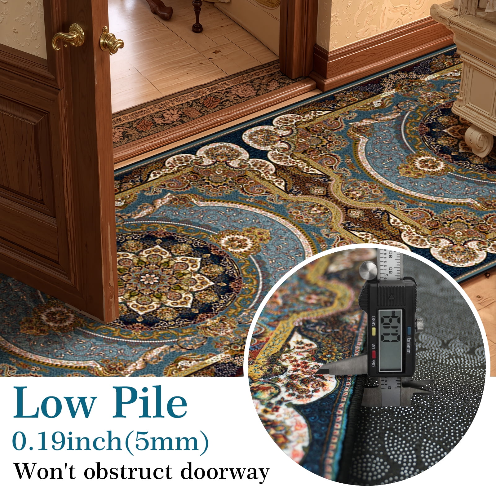 Mitzzllc 2'x8' Non Slip Vintage Runner Rugs, Machine Washable Long Floor Carpet for Entryway, Blue and Black