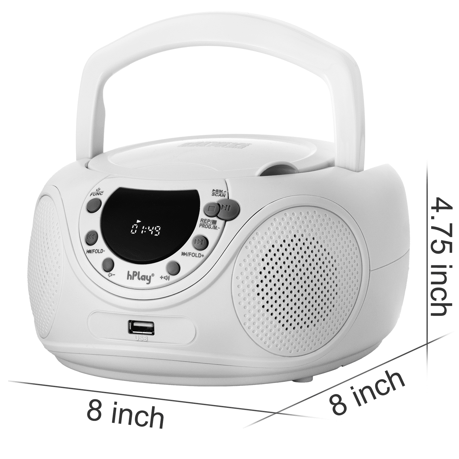 hPlay P16 Portable CD Player Boombox with Bluetooth, FM Digital Radio, USB/MP3 Playback, Aux-in & Headphone Jack - AC/Battery Powered Stereo System (White)