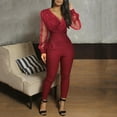 thumbnail image 3 of MSJUHEG Jumpsuits For Women One Piece Jumpsuits For Women V-Neck Sequined Mesh Rompers Long Sleeve Pocket Long Jumpsuit Womens Jumpsuit Red L, 3 of 7