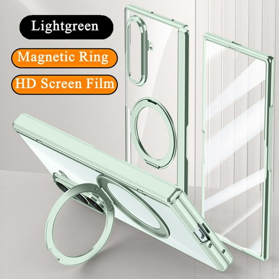 ELEHOLD For Samsung Galaxy Z Fold 7 2025 with Front Screen Protector,360° Rotating Ring Kickstand Magnetic Clear Anti-Yellow PC Cover with Hinge Protector, Lightgreen(HD Flim)