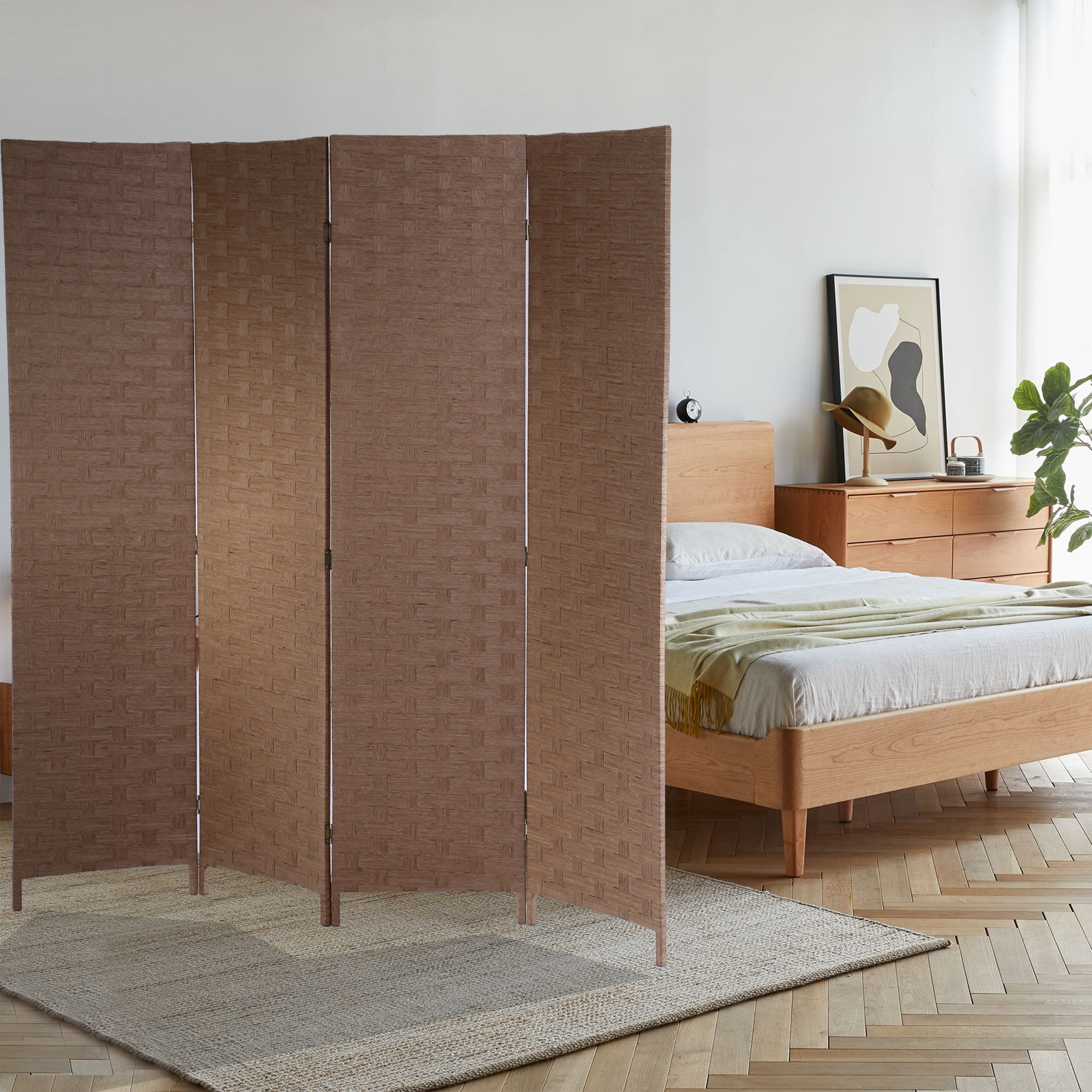 CL.HPAHKL 4 Panels Room Divider and Folding Privacy Screen, 6 ft Tall Wood Mesh Hand-Woven Design Wall Divider, Partition Room Dividers for Home Office Restaurant Bedroom