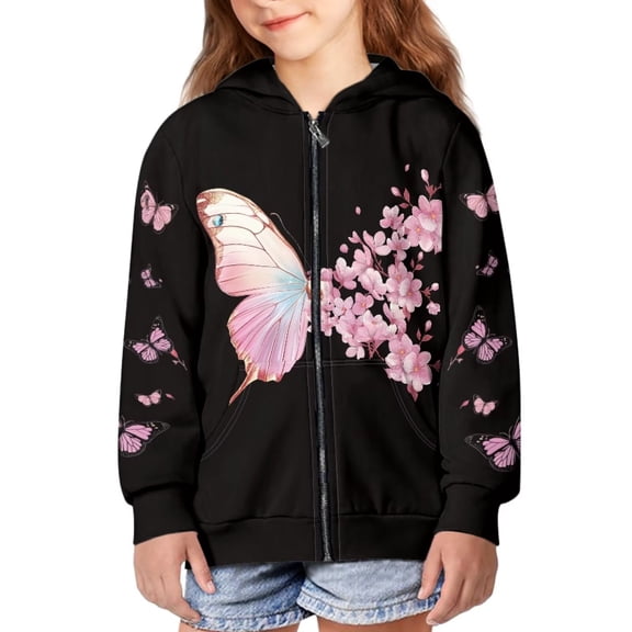 chaqlin Butterfly Hoodies for Girls 6-7 Soft Full Zipper Hoodie Sweatshirts Cherry Blossoms Long Sleeve Sports Jackets Lightweight Loose Fit Hoodes Coat with Pocket