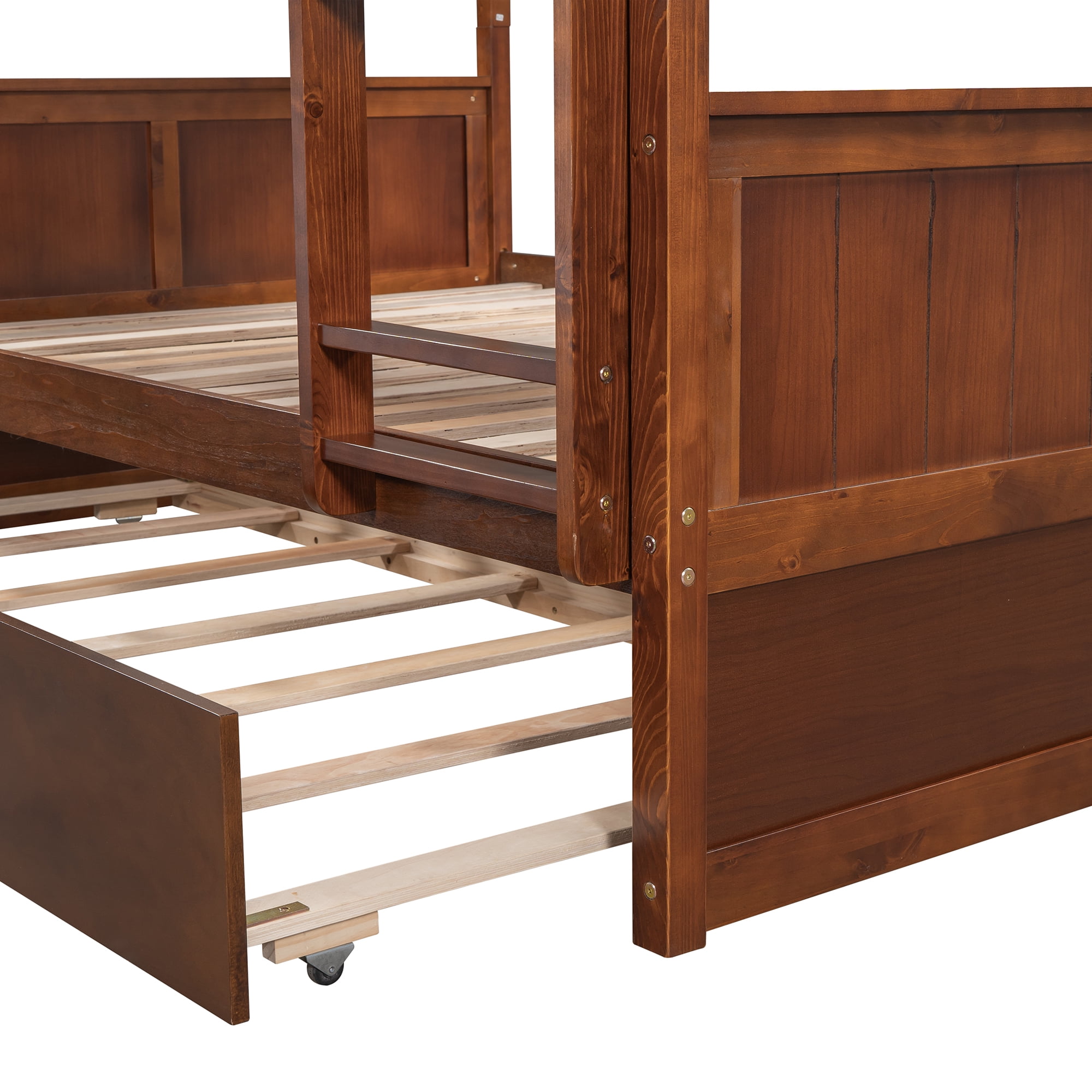 DEALTOPS Full Over Full Bunk Bed with Twin Size Trundle for Kids and Adults, Wood, Walnut