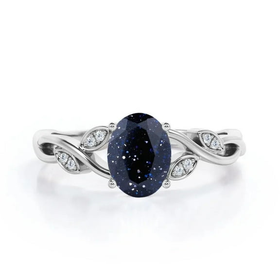Oval Cut Lab Created Blue Sandstone & Diamond Twisted Shank Leaf Engagement Ring in 925 Sterling Silver Unique Gemstone Ring for Her, Elegant Nature Inspired Design