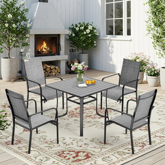 Patio Dining Set of 5, Patio Furniture Set with 4 Textilene Chairs and 1 Iron Square Table with Adjustable Umbrella Hole (1.57"-1.97"), Outdoor Furniture Set for Deck, Backyard, Lawn, Poolside, Gray