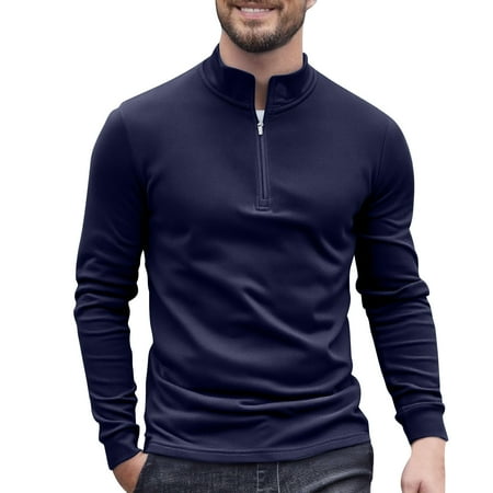 ZQUUVOU Thermal Shirts for Men Solid Long Sleeve Stand Neck Half Zip Thermal Base Layer Brushed Fleece Lined Tops Navy