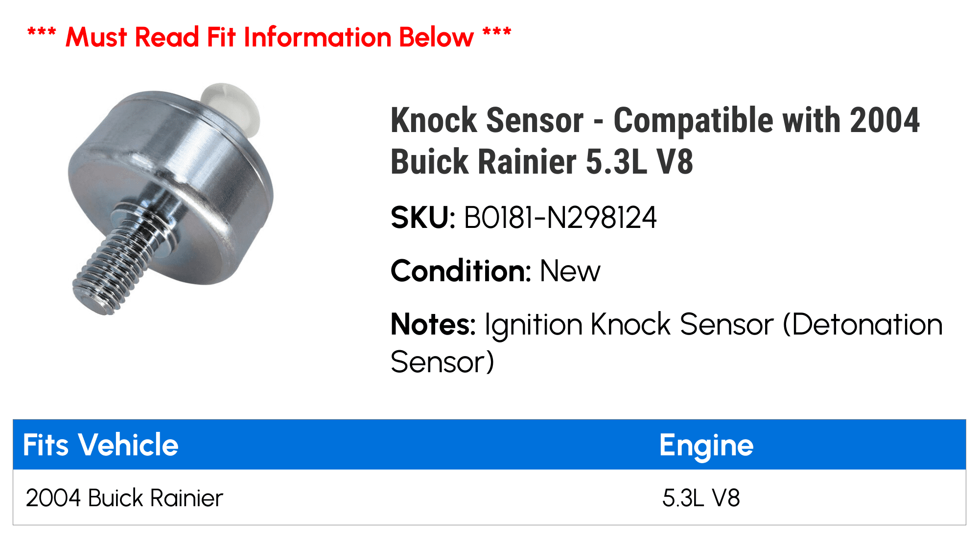 Knock Sensor - Compatible with 2004 Buick Rainier 5.3L V8
