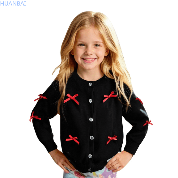 HUANBAI Girls Sweaters Soft Knit Cardigan With Bow Detail Comfortable Lightweight Open Front Cover Up For Everyday Wear Long Sleeve Sweater 100