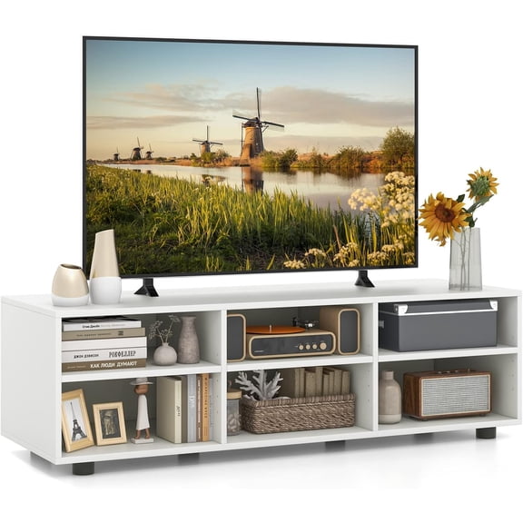 WoofPaw 6 Cubby TV Stand for TVs up to 55 Inch, White Wood Entertainment Center with 6 Storage Cubbies & 5 Positions Adjustable Shelves, TV Media Console Table for Living Room (45", TVs up to 55")