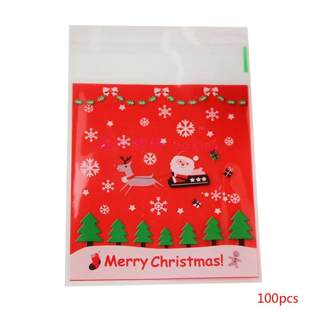 100Pcs Red Christmas Pattern Packing Bag Resealable Plastic Biscuit Cookie Bakery Candy Package