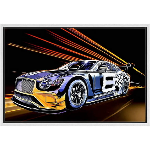 IDEA4WALL Framed Canvas Art Wall Decor Purple Sporty Bentley Continental GT3 with Neon Orange Lights Transportation Cars Illustrations Pop Art Modern for Dorm Home Office - 16"x24"