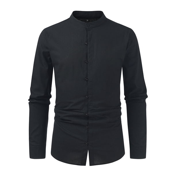 Blusa y camisa de manga larga con cuello alto para hombre, color liso, informal, con cuello alto, bolsillo, botones, camisa de manga larga, blusa para hombre