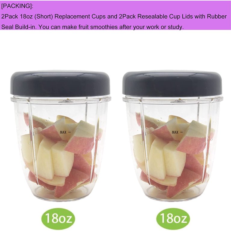 Replacement Blender Cups & Lids For Nutribullet 600W/900W - 18oz Short Cup With Resealable Lid (2 Pack)