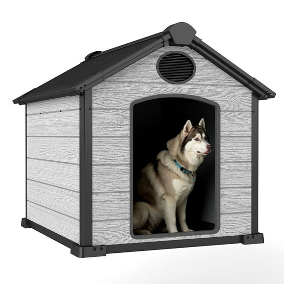 ZYJOYY 46" Large Dog House Outdoor Weatherproof with Floor & Air Vents, Spacious Plastic Kennel Shelter for 2 Large Dogs, Cement Grey