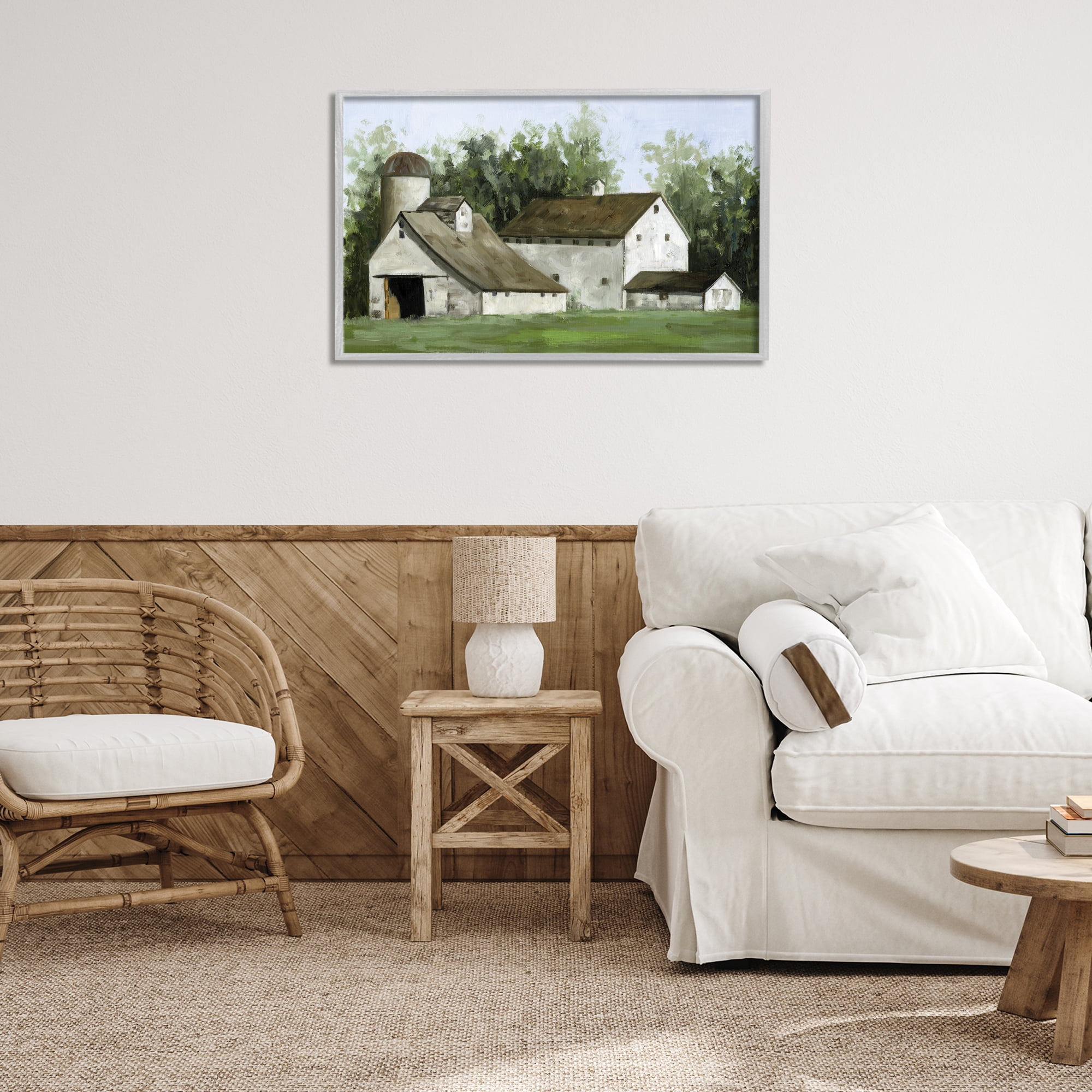 Stupell Industries White Barn Farmhouse Landscape Painting Gray Framed Art Print Wall Art, 30 x 20