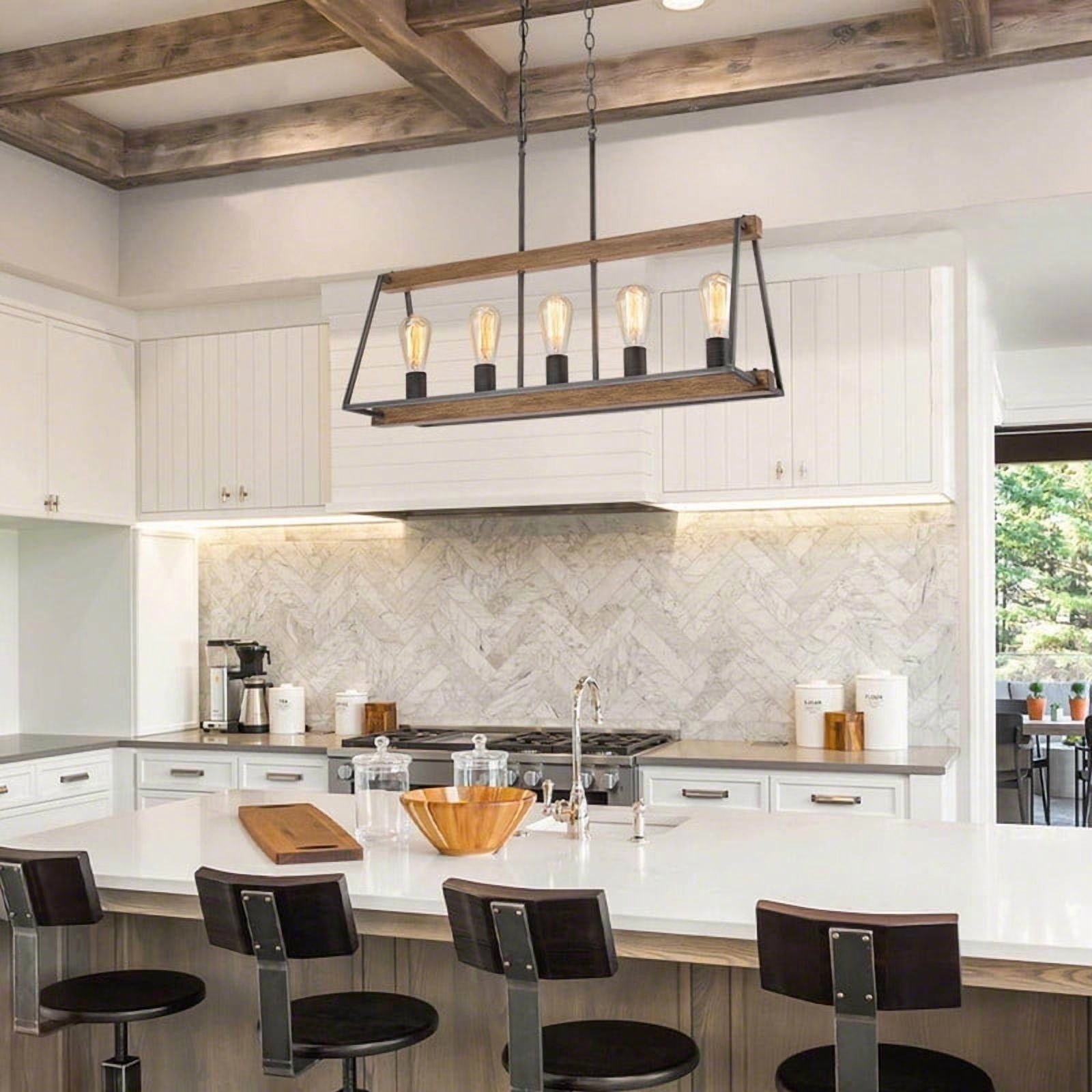 LNC Musleisynin 5-Light Linear Island Light with Faux Wood Accents and Brushed Silver Frame