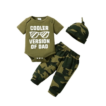 

KIMI BEAR Infant Boys Outfits 3 Months Infant Boy Spring Summer Outfits 6 Months Infant Boy COOLER VERSION OF DAD Letter Prints Cozy Short Sleeve Romper Tops+ Pants+ Hat 3PCS Set Green