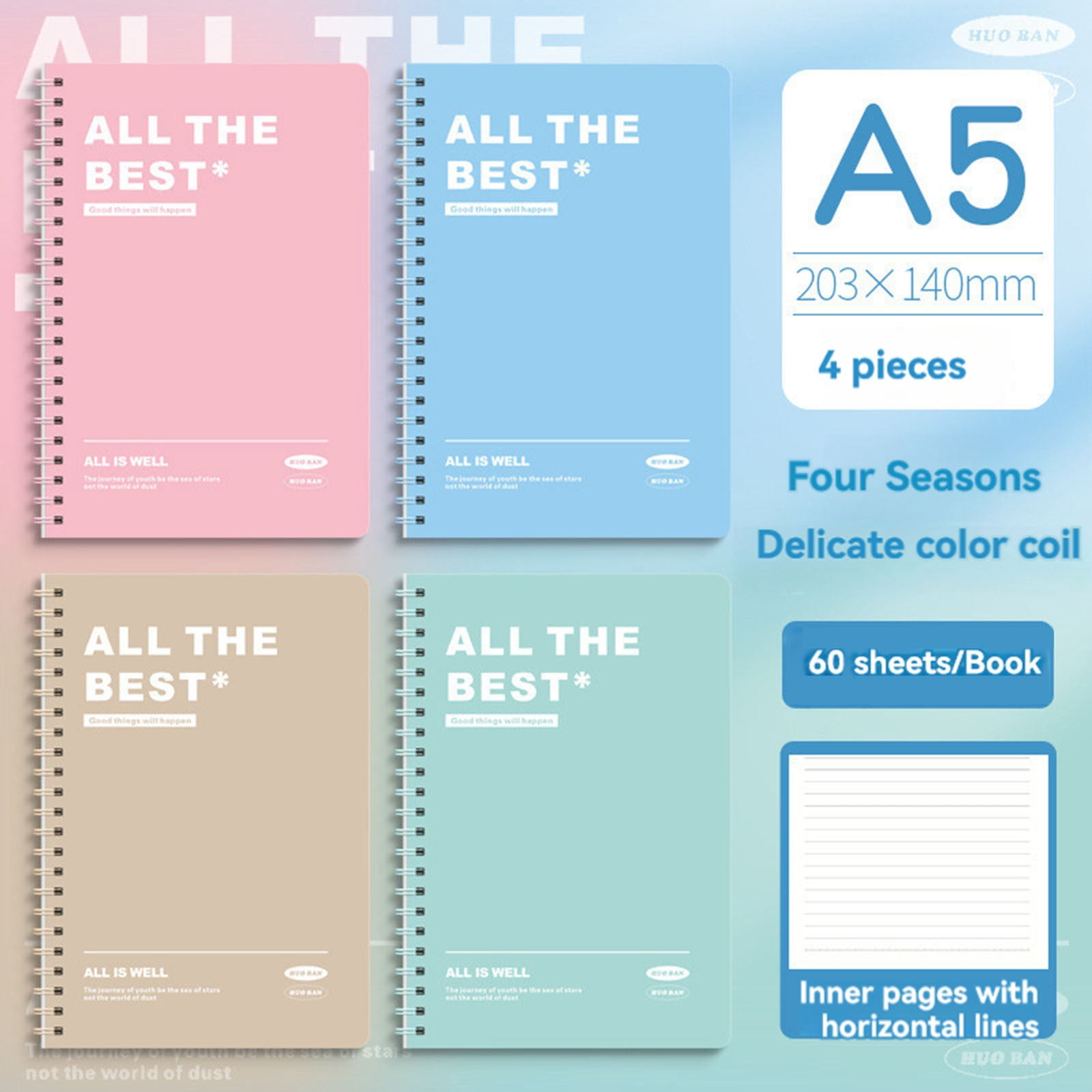 Spiral Notebook 4 Pack, Lined Journal A5 Size, Hard Cover Spiral Notebook, Notebook Journals for Writing , College Ruled Notebook, Spiral Journals for Men and Women,60 Sheets Per Notebook,Light blue