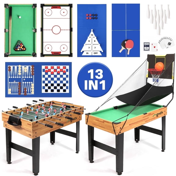 GVDV 13-in-1 Multi Game Table, 48-Inch Combo Game Table with Basketball, Foosball, Billiards, Table Tennis & More, for Game Room & Home Entertainment, Black