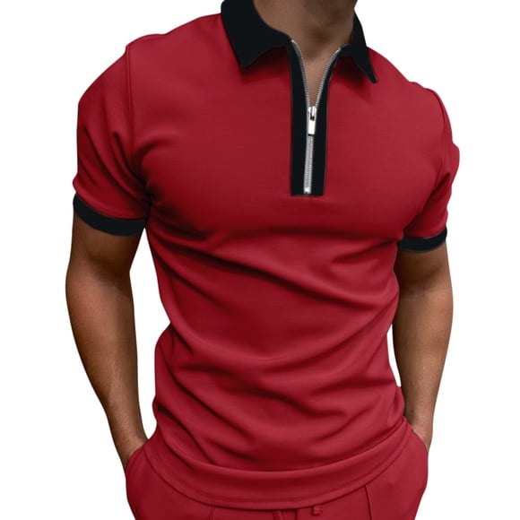 Adult Work Polo Shirts for Men Short Sleeve Quarter Zip Tees Shirt Lightweight Red Golf Shirts