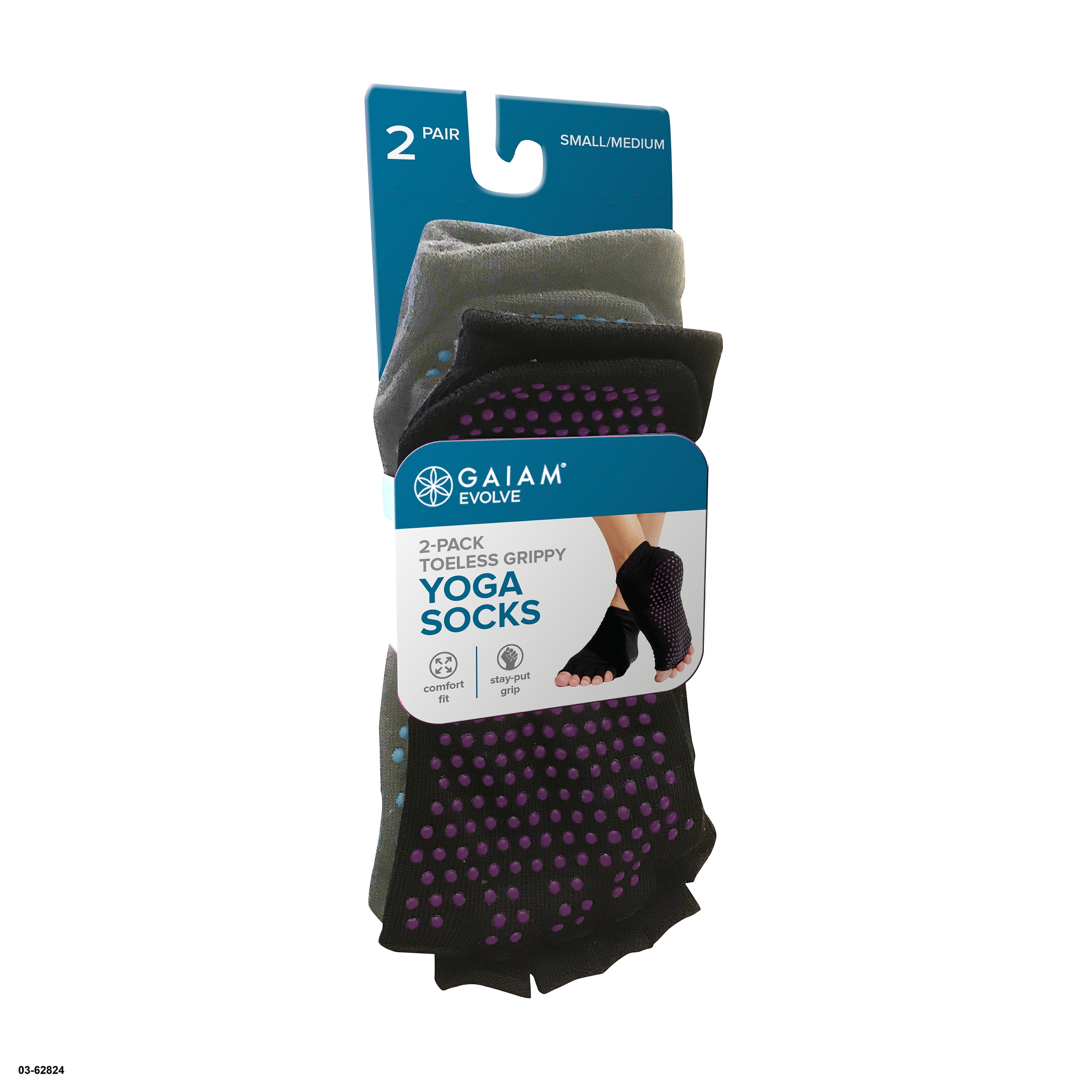 Evolve by Gaiam Toeless Grippy Yoga Socks, 2 Pack, Black and Grey, Small/Medium