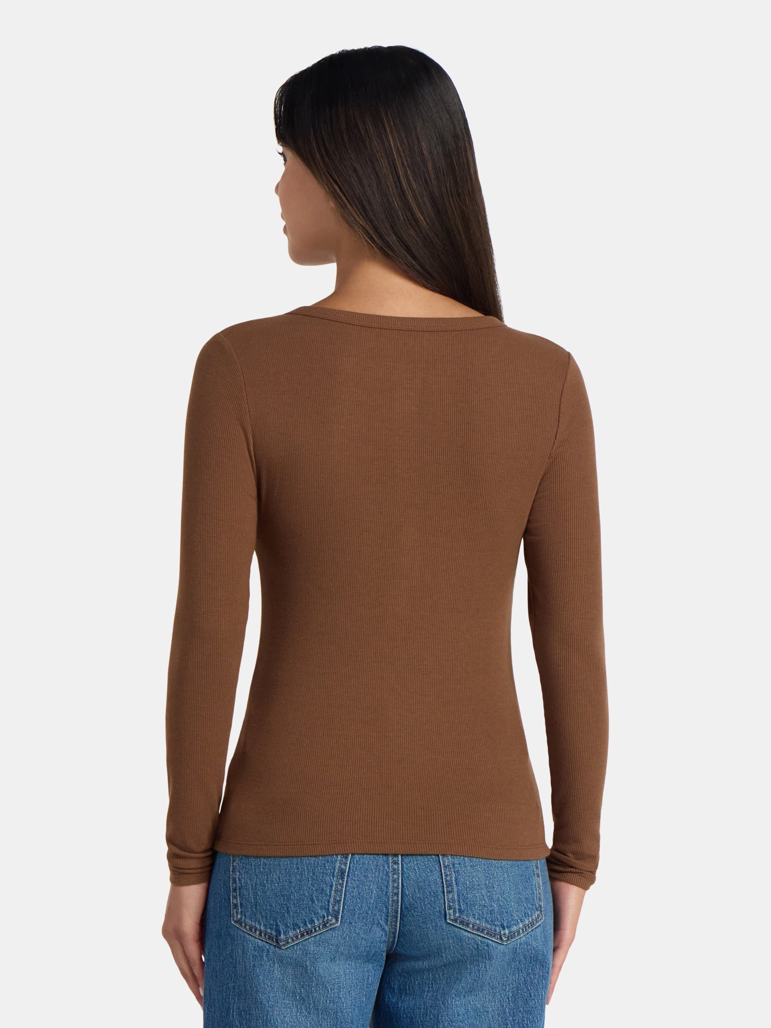 Time and Tru Women's Ribbed Henley Shirt with Long Sleeves, Sizes XS-XXXL
