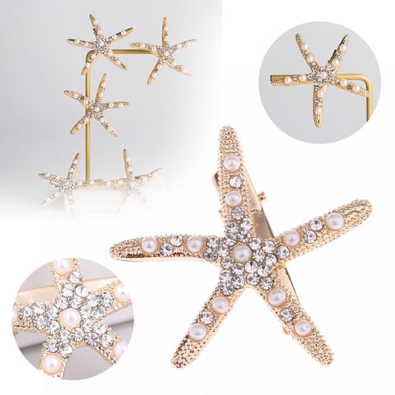 Ljudmp Women's Starfish Hair Clips Sparkly Rhinestone Hair Barrettes Pearl Ocean Beach Theme Hair Accessories Hair Pin For Bride Wedding Gold