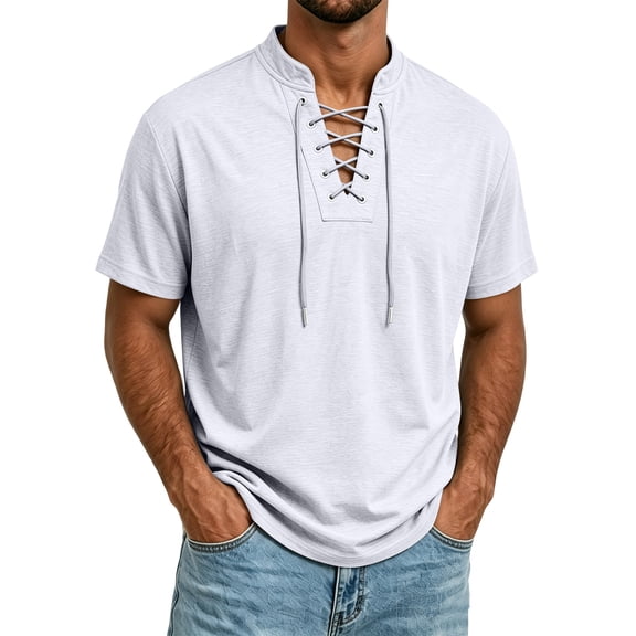 Fabrcox Mens Shirts Short Sleeve Lace Up V Neck T Shirts for Men Regular Fit Breathable Lightweight Athletic Mens Summer Shirt White L