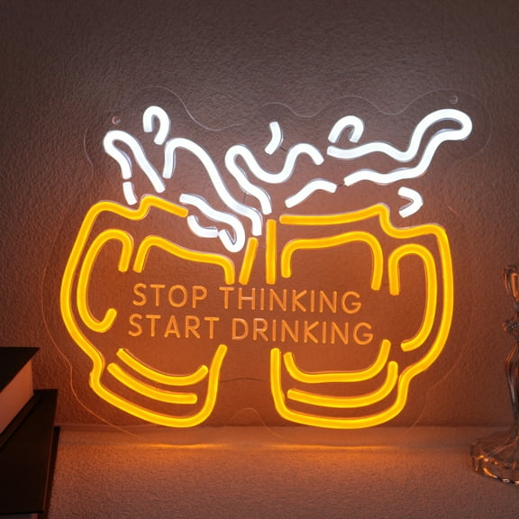 UPONRAY "STOP THINKING START DRINKING" Beer Mug Neon Sign 12.4 x 11.8 Inch - Dual Color LED Neon Light (Yellow & White), Dimmable & USB Powered, Bar Pub Party Decor