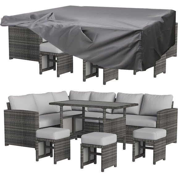 YODOLLA 7-Piece Patio Funiture Set, Outdoor Sectional Sofa Couch with Dining Table, Patio Conversation Set w/ Weatherproof Protection Cover in Gray Rattan& Light Gray Cushions