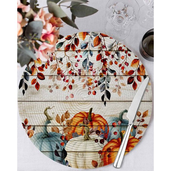13 Inch Round Placemats Set of 4, Vintage Orange Blue Fall Non Slip Heat Insulation PP Table Mats, Thanksgiving Maple Leaf Pumpkins Vintage Washable Place Mats for Kitchen Dining Party Table Decor